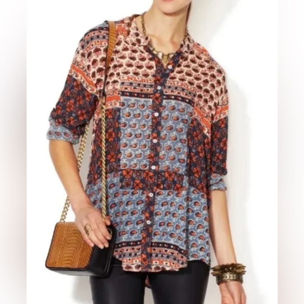 Free People Mixed Print Button-Up Blouse in Blue, Rust, Navy